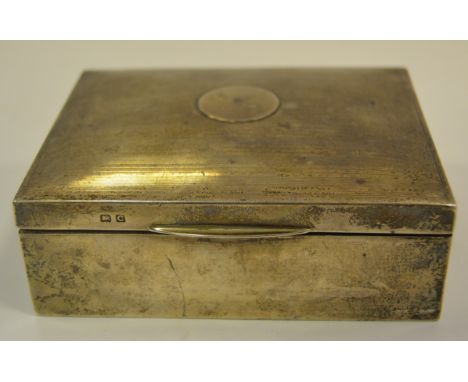 Silver - a silver cigarette box, cedar lined, engine turned, vacant cartouche, hallmarked Birmingham, c.1927