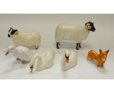 Ceramics - Beswick model of a ram, another smaller; a pair of Beswick swans; a model of a Corgi; a Nao model of a  Duck (6)