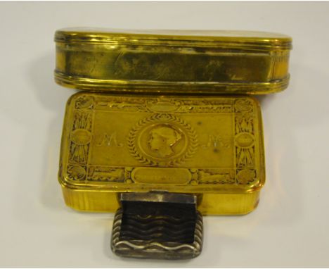 An 18th century Dutch tobacco box; WWI brass Christmas tin; snuff box (3)