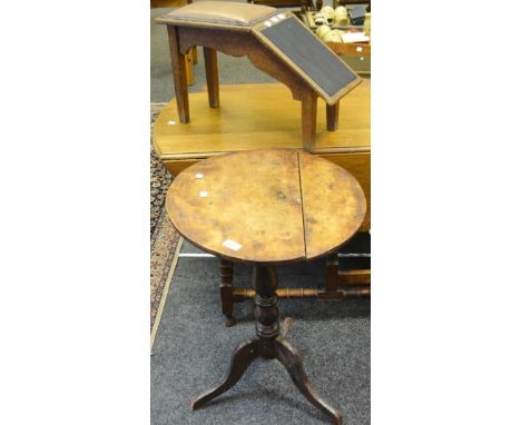 An early 19th century mahogany tripod table (faults); an oak shoe shine foot stool, circa 1940. (2)