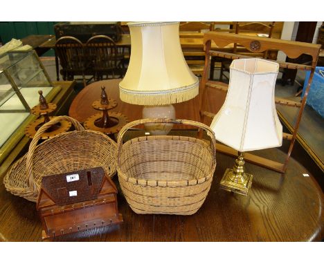 Household Goods - a brass table lamp, another; basket; spoon racks