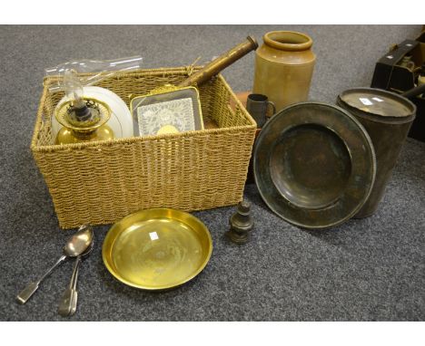 Household Goods - a Victorian brass garden spray; a brass oil lamp; stoneware jar; musical box; dressing table set, c.1930s; 