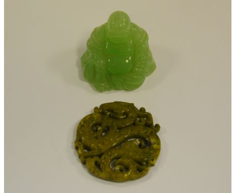 A spinach jade talisman depicting a Dragon; a Jade type Buddha (2)