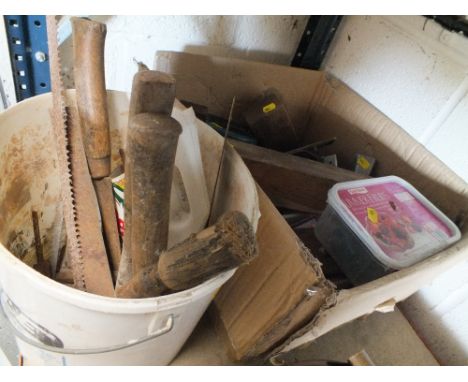 A TUB AND A BOX OF HAND TOOLS
