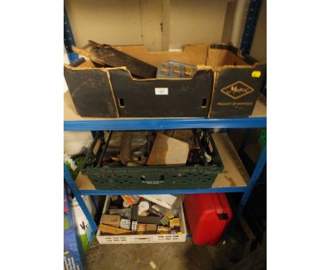 THREE TRAYS OF HAND TOOLS AND A CASE OF HAND TOOLS WITH TACKS, SCREWS ETC