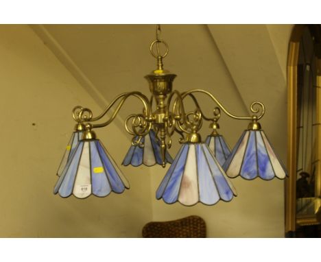 A PUB STYLE HANGING LIGHT WITH COLOURED GLASS SHADES TOGETHER WITH ANOTHER HANGING LIGHT  (2)