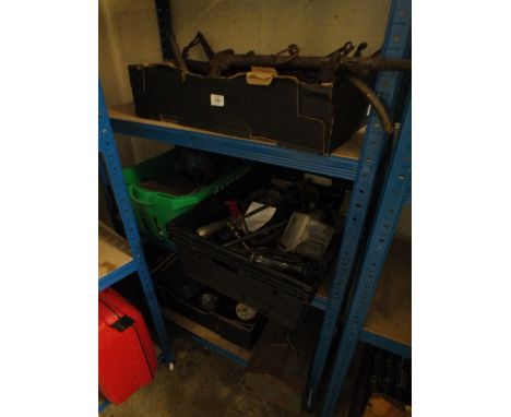 THREE TRAYS OF HAND TOOLS, A TRAY OF METALWARE AND A TOOL BOX