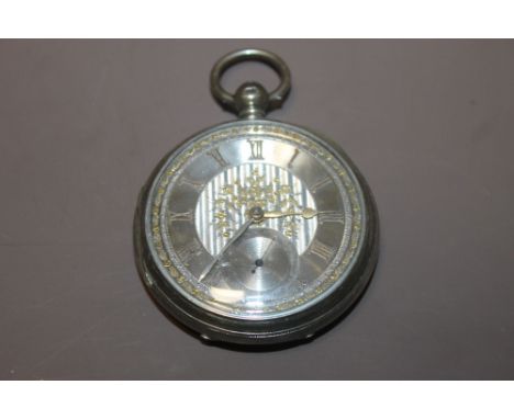 A LARGE HALLMARKED SILVER OPEN FACED MANUAL WIND POCKET WATCH HAVING SILVER DIAL WITH GOLD COLOURED ROMAN NUMERAL MARKERS & S