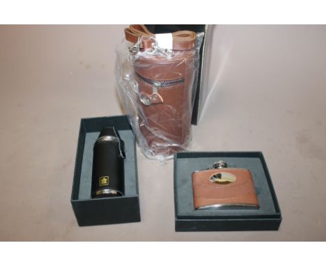 THREE BOXED LEATHERED DRINKING ITEMS TO INC A HIP FLASK