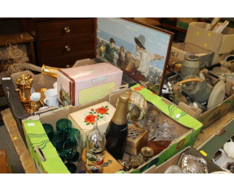 THREE TRAYS OF CERAMICS & GLASSWARE ETC, TO INC A TAPESTRY & A CZECHOSLOVAKIAN GILT TEA SERVICE