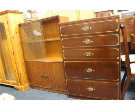 A CHEST OF FIVE DRAWERS TOGETHER WITH A GLAZED BOOKCASE