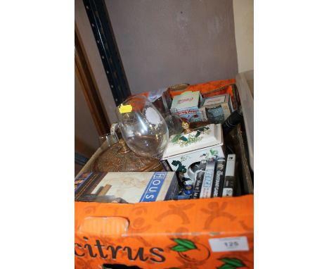 A TRAY OF SUNDRIES TO INC GLASSWARE, MASONS CLOCK SURROUND, UNUSUAL COPPER ITEM ETC