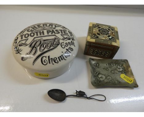 Ceramic Toothpaste Pot, Inlaid Trinket Dish and Metalware 