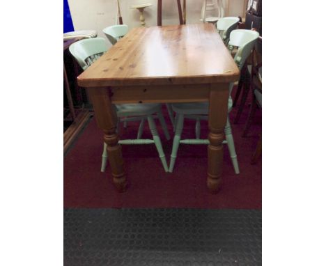 Solid Pine Kitchen Table on Turned Legs with Two Drawers and Set of 4x Painted Pine Stick Back Chairs 