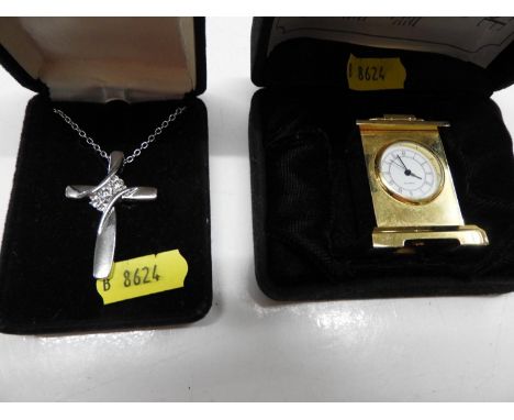 Boxed Cross Pendant Necklace and Miniature Mantel Clock