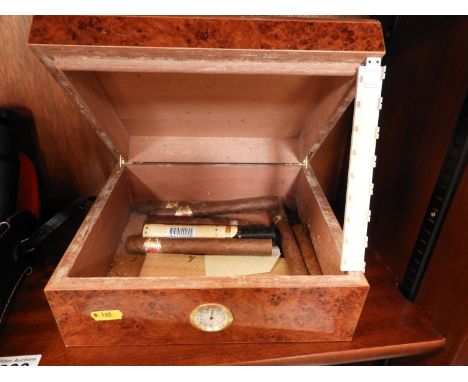 Burr Walnut Trinket Box with Inlaid Hygrometer and Contents - Cigars 