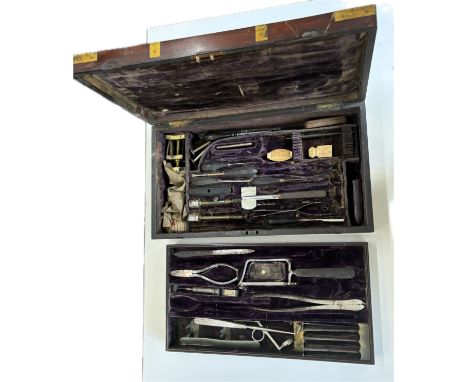 Antique early 19th century brassbound mahogany cased campaign military surgeons instrument set / amputation kit, in two layer