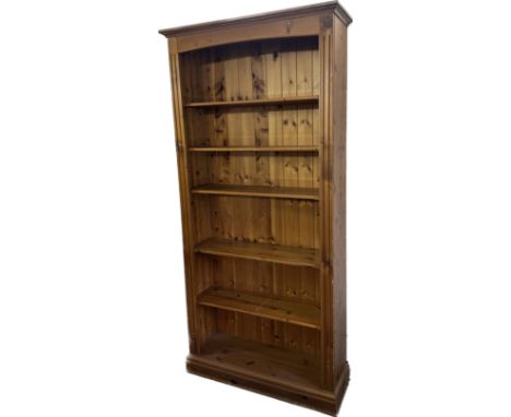 Pine 5 shelf bookcase measures approx 79 inches tall by 38 wide and 12 deep 