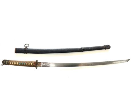 Antique / vintage Japanese Katana sword, painted scabbard with bronze fittings, handle stuck fast, total length 99cm