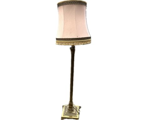 Antique brass standard lamp with shade, untested, overall height with shade 66 inches