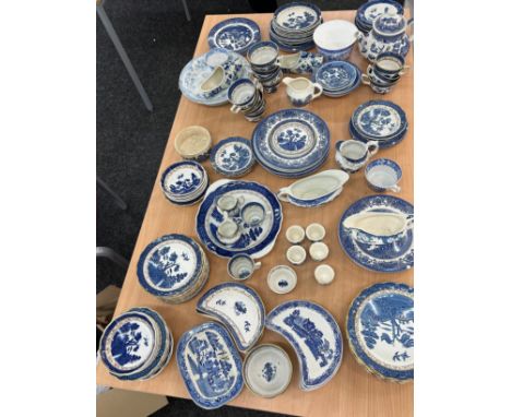 Large selection vintage and later blue and white pottery to inclue teapot, creamers, plates, bowls cups etc, various makers