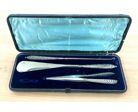 Boxed Victorian silver hallmarked handle button hook shoe horn, large glove stretchers