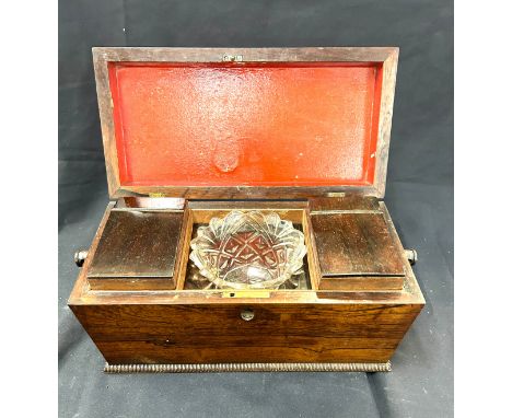 Vintage wooden tea caddy measures approximately 7 inches tall 14 inches wide 7 inches depth 