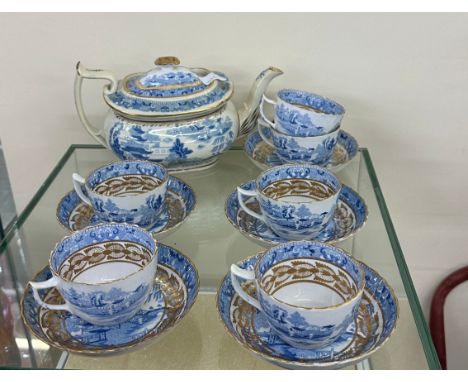 Selection of Miles masons blue and white pottery includes tea pot, cups, saucers etc