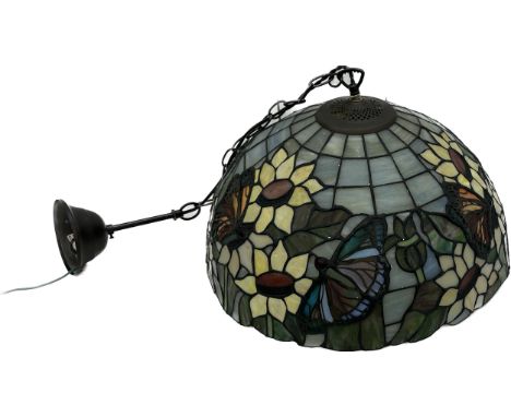 Vintage Tiffany style lamp with brass metal butterflies over laid measures approx 10 inches tall x 18 inches diameter 