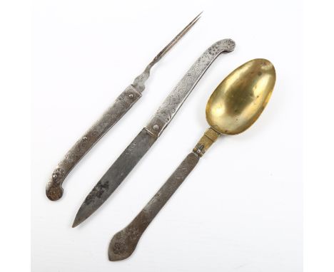 18th century steel 3-piece travelling knife fork and spoon set, with engraved folding handles, knife blade with indistinct ma
