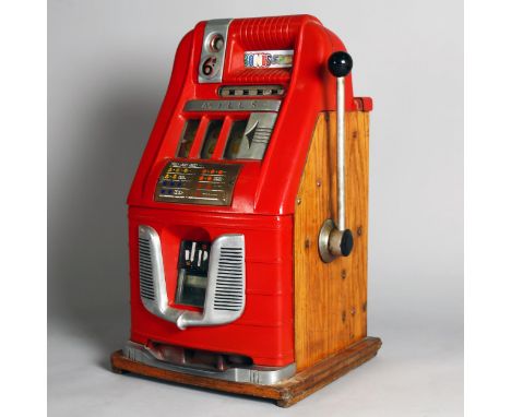 Mills High Top Bonus Bell fruit machine converted to one-armed bandit, operating on an old 6d, cast-metal and stained wood ca