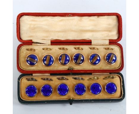 2 cased sets of Victorian blue enamel and coloured glass inset buttons, unmarked yellow metal settings, original leather case