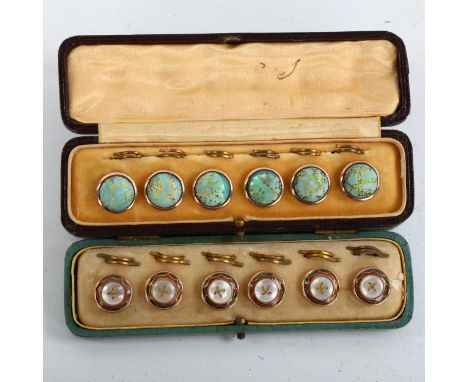 2 cased sets of 6 Victorian mother-of-pearl enamel and moonstone inlaid buttons, unmarked yellow metal settings, diameter 14m