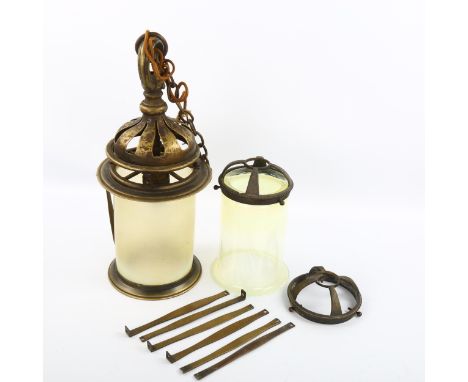 2 Victorian hanging light fittings with opaque glass shades, largest height 32cm 