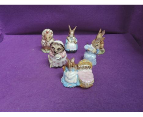 Six Beswick Beatrix Potter figures, Thomasina Tittlemouse, Benjamin Bunny Sat On A Bank, Hunca Munca, Mrs Tiggy Winkle Takes 