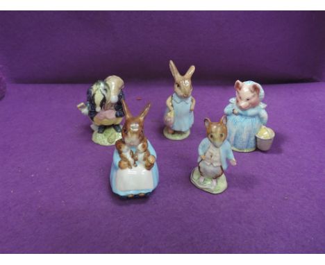 Five Beswick Beatrix Potter figure, Tommy Brock, Variable Eye Patch, Handle Out BP2.  Aunt Petitoes, Mrs Flopsy Bunny, Johnny