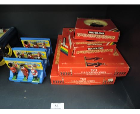 A selection of Britains hand painted metal model sets, US Marine Corps 7303 x2, Mounted Lifeguard 7230 and Royal Horseguard 7