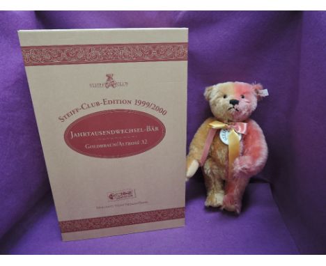 A modern Steiff Bear, 32 Gold/Rose Club Edition 1999/2000 having white tag 420184 with gold button, certificate, box, outer b