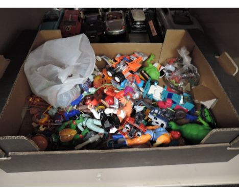 A box of 1980's and later toys including LJN Toys Thundercats figures, Mattel, Kenner, McDonalds, Plastic Cowboys and Indians