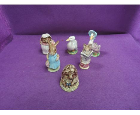 Six Beswick Beatrix Potter figures, Old Mr Pricklepin, Mrs Flopsy Bunny, Tailor of Gloucester, Rebeccah Puddle-Duck, Jemima P