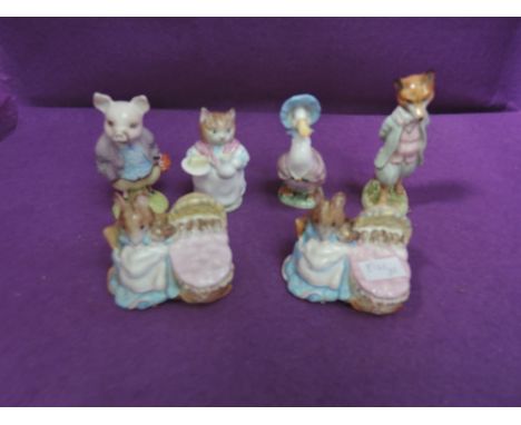 Six Beswick Beatrix Potter figures, Foxy Whiskered Gentleman, Jemimapuddleduck, Hunca Munca &amp; Ribby (af) all BP2 Pigling 