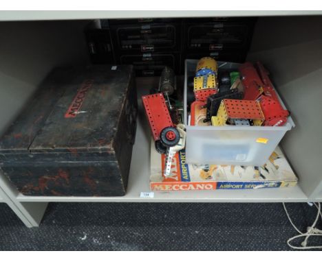 A collection of mixed vintage Meccano and accessories including motors, part built models, wooden box with many parts, Airpor