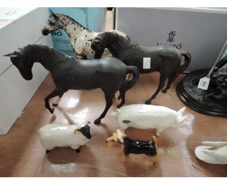 Six Beswick Studies, Appaloosa Stallion, colourway 2 1772, Black Beauty 2466 x2, Boar 1453A, Black Faced Sheep 1765 &amp; Lak