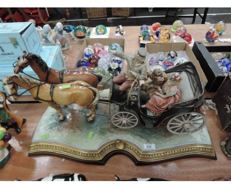 A Capo Di Monte Model, with figures in a horse drawn carriage, signed B Merli, on gilt base and wooden standCONDITION REPORTT