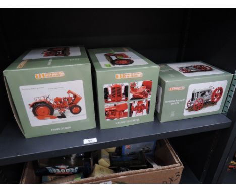 Three Universal Hobbies 1:16 scale diecast tractors, 1917 Fordson Model F, Fahr D180H and Valmet 33 Diesel, all boxed