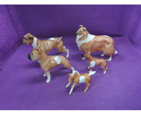 Four Beswick studies, Collie Dog 1791, Boxer, small 1852, Boxer, large, brindle 1202 &amp; Foal, palomino 996 along with a Sy