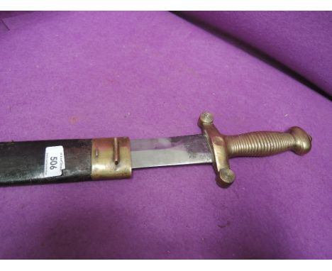A French 1831 model artillery sword of Gladius pattern, double edged blade with leather and brass scabbard