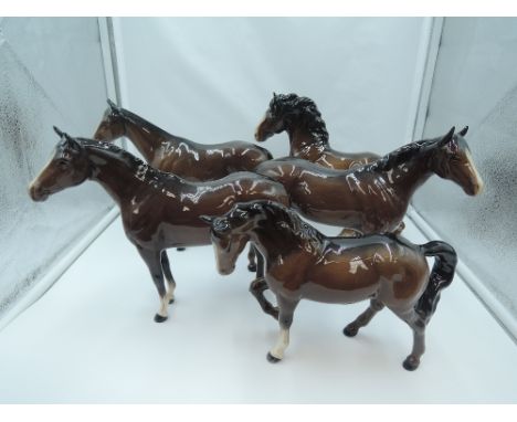 Five Beswick horses, Stocky Jogging Mare, third version 855, Quarter Horse 2186, Imperial 1557, Cantering Shire 975 and Thoro