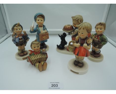 Six Hummel figures, School Girl, Postman, Home Form Market, Boy with Pumpkin and Dog etcCONDITION REPORT - SLIGHT RUBBING TO 