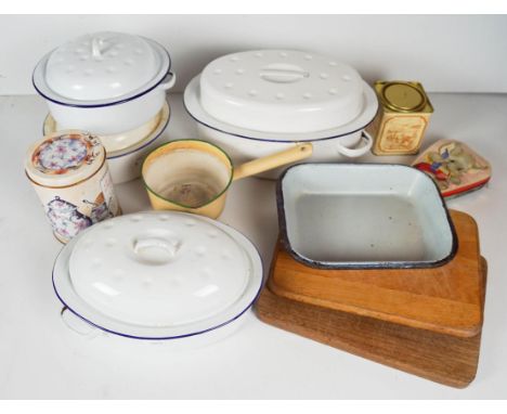 A quantity of enamel kitchenware